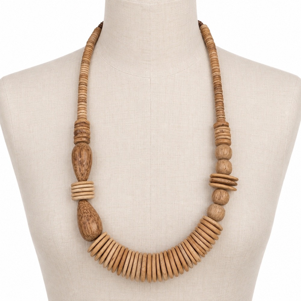 Vintage Wood Bead Necklace Brown Carved Chunky Boho Statement